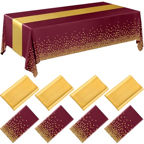 Image of Breling 8 Pack Burgundy and Gold Disposable Plastic Tablecloths and Satin Table Runner Set, 54 x 108 Inch Tablecloth, 12 x 108 Inch Table Runners for Wedding Graduation Birthday Baby Shower