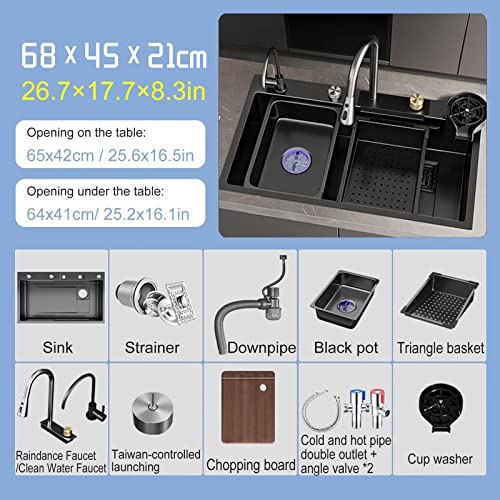 Évier de cuisine moderne noir à cuve unique en acier inoxydable avec robinet cascade