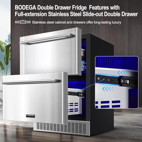 Image of BODEGA 24 Inch Beverage Fridge under Counter, 2 Drawer Outdoor Coolers for Patio and Deck Weatherproof, Stainless Steel Beverage Refrigerator for Beer, Soda, Holds 180 Cans