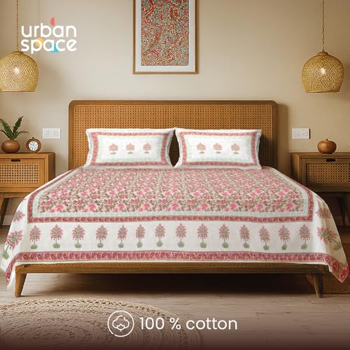 Image of Urban Space 100% Cotton Jaipuri Handblock Printed Double Size Bedsheet with 2 Pillow Covers, 200 TC Cotton Double Bedsheet (90 x 100 Inches, Noor Mahal Pink)