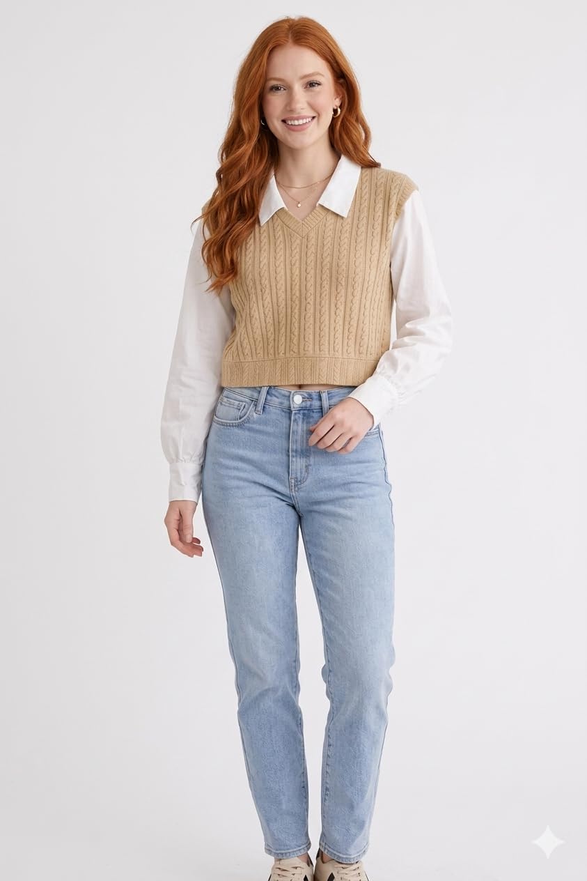 Women's Collared Crop Top, Regular Fit Long Sleeve, Black and White, Korean Trendy Style-image-34