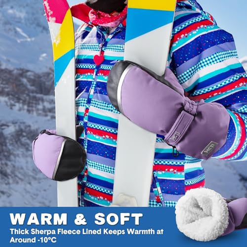 Image of MCTi Kids Mittens Waterproof Winter Ski Warm Sherpa Lined Long Cuff with String