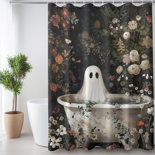 Reateforin Halloween Shower Curtain Ghost Takes a Bath Tub in Flower Forest Shower Curtain for Bathroom Dark Academia Ghost Bathtub Halloween Bathroom Decor Set Vintage Gothic Horror Decor 72x72