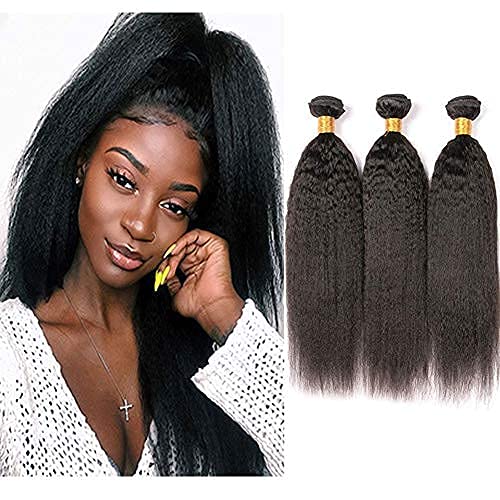 Brazilian Hair Yaki Straight 3 Bundles Human Hair Kinky Straight Hair Double Weft Natural Color 95-100g/Bundle (14 16 18)