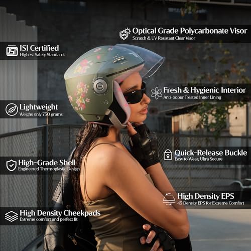 Image of TVARRA Blossom ISI Certified Women's Open Face Helmet Designer Helmet, Lightweight and Rainproof, Crafted for Women, Extreme Comfort Fit with Clear Visor (Jade Green, S /M: (55-56) cm)