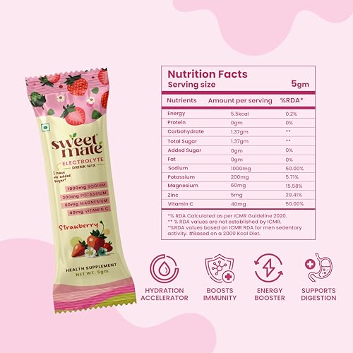 Image of Sugar Free Strawberry Electrolyte Drink Mix Sweetened With Stevia -5g (20 Sachet) No Preservatives and Chemicals | Offers 10x more Electrolyte | Keto Friendly, Vegan