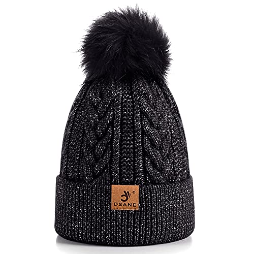 Dsane Women Winter Pompom Beanie Hat with Warm Lined Thick Slouchy Snow Knit Skull Ski Cap(Black)