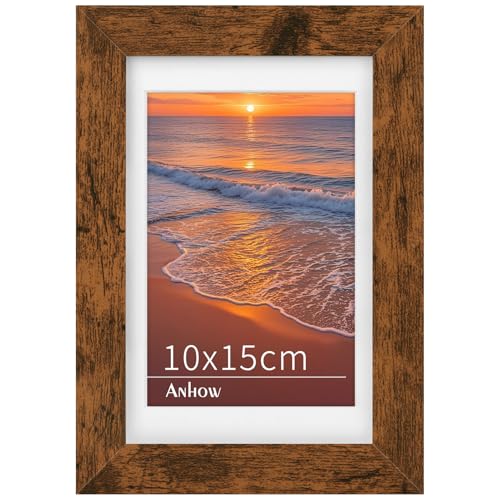 Anhow Marco de Fotos Nogal 10x15 cm, Marcos para Cuadros MDF de Madera con Paspartú para Decoración Hogar, Portaretratos para Fotos con Cristal AcríLico, para Exposición en Pared o Mesa