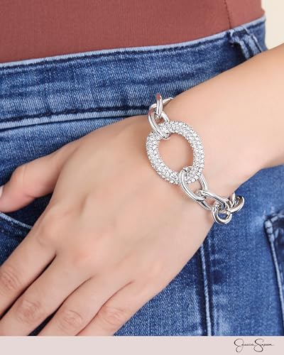 Jessica Simpson Silver-Tone Chain Link Bracelet – Statement Jewelry with Pavé Crystal Accent – Adjustable Chunky Bracelet for Women2