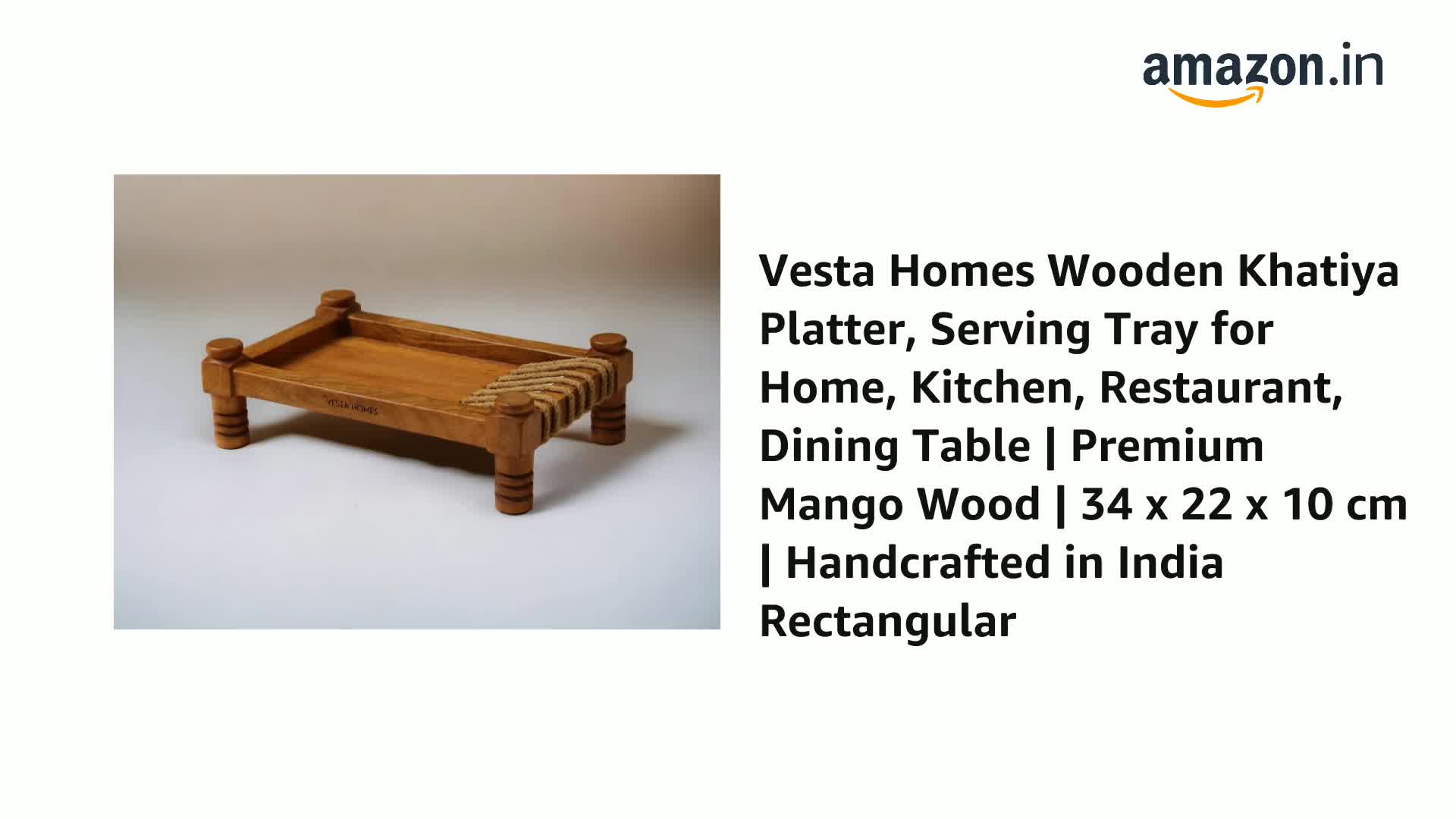 Vesta Homes Wooden Khatiya Platter - Mango Wood Serving Tray, 34x22x10 Cm, Handcrafted In India, Rectangular