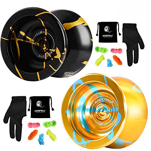 MAGICYOYO N11 Unresponsive Yoyo Alloy Aluminum YoYo Professional Ball with 2 Bags, 2 Gloves and 10 Strings -N11 Black Golden and N11 Golden Blue