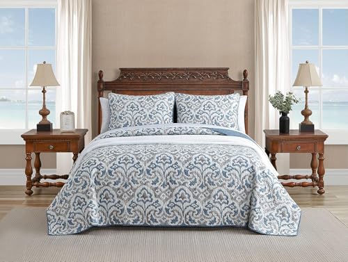 Tommy Bahama Quilt Set Reversible Cotton Bedding with Matchin Sham, All Season Home Decor, Twin, Cape Verde Smoke Grey/Blue