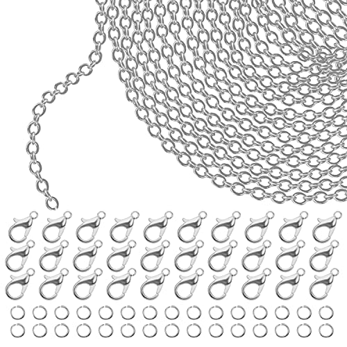 Kurtzy Silberne Kette zum Ketten Selber Machen - 10m x 1,5mm Kupfer Gliederkette Silber, 30 Legierte Karabinerhaken & 30 Geteilte Sprungringe - DIY Ketten & Schmuck Herstellen für Männer & Frauen