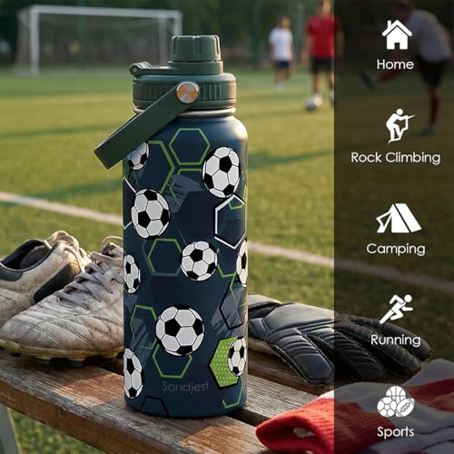 Image of Soccer Water Bottle 32oz Stainless Steel, Travel Tumbler Vacuum Chug Lid Aesthetic Sport for Boys Men Friends Dad Brothers, Gifts for Fathers Day Birthday Christmas