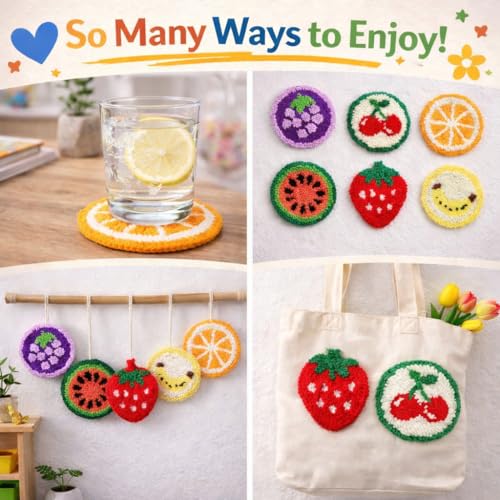 Image of Punch Needle Coaster Kit for Adults Beginners, Easy Punch Embroidery Starter Set with Instructions - Fun Mug Rug Making Kit for Table Decor & Festival DIY Gifts (6pcs Cute Fruits)