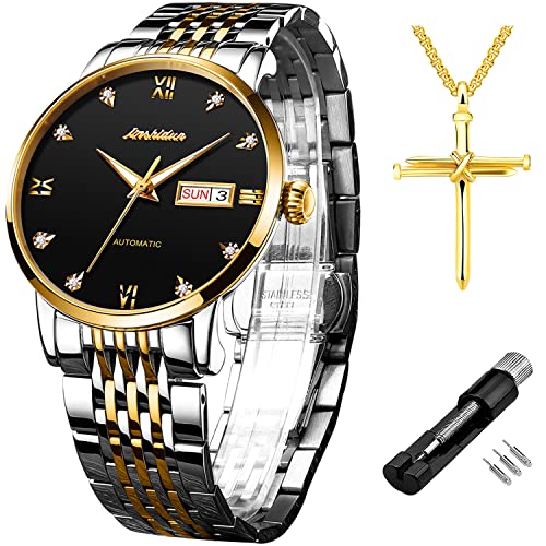 JSDUN Automatic Watches for Men Gifts Set Mechanical Self-Winding Luxury Sapphire Stainless Steel Bracelet Big Face Dress Analog Wrist Watch Waterproof Luminous with Day Date Dial Black Gold Two Tone