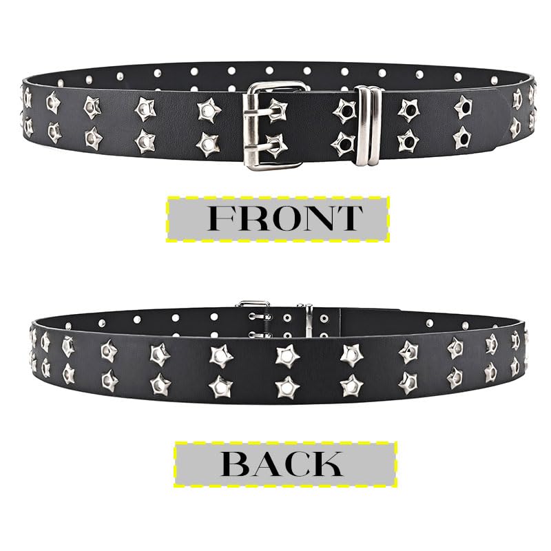 Yalice Double Grommet Leather Belts for Women Men Star Studded Belt for Jeans Pants Punk Black Waist Belt3