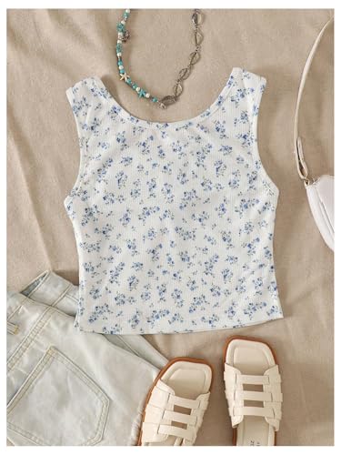 Girl's 2 Packs Ditsy Floral Sleeveless Tank Tops Ruched Ribbed Square Neck Cute Summer Top2