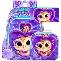 3PCS Girls Owl Bookbag, Water Resistant Kids Backpack Set with Lunch Box, Cute School Bag for Preschool Toddler - Heart Owl