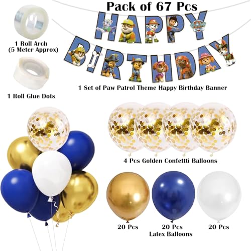 Image of Rozi Decoration Paw Patrol Birthday Banner Party Ideas, Puppy Theme banner Hanging Decoration Kit. Suitable for boys and girls children's party decor with Blue White Gold Grland Pack of 67 Pcs