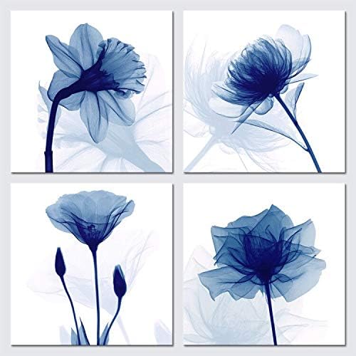 Wieco Art Blue Flickering Flower Modern Abstract Paintings Canvas Wall Art Gallery Wrapped Grace Floral Pictures on Canvas Prints 4 Panels Artwork for Bedroom Office Home Decorations