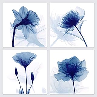 Wieco Art Blue Flickering Flower Modern Abstract Paintings Canvas Wall Art Gallery Wrapped Grace Floral Pictures on Canvas...