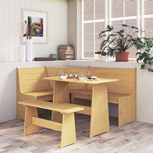 Hommdiy Essgruppe 3-TLG. Tischgruppe Sitzgruppe Esszimmergarnitur Tischset Eckbank Esszimmertisch Eckbankgruppe Massivholz Kiefer 3-teiliges Set,Honigbraun