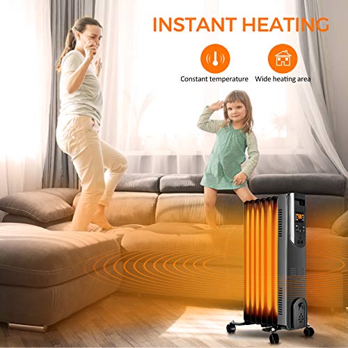 Oil-Filled Radiator Space Heater, 1500W Portable Electric Heater w/Remote Digital Thermostat, 3 Heat Modes Quiet Oil Heater w/ 12H Timer, Safety Features, LED Display, for Full Room Indoor Office Use