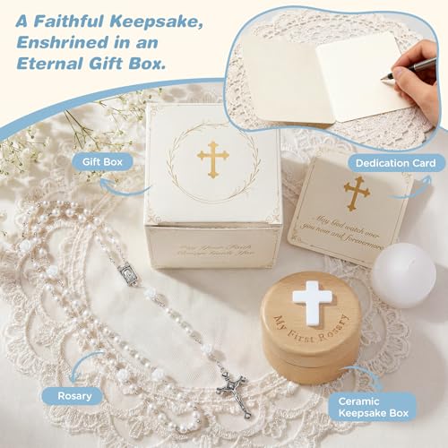 Image of NORBU Baptism Gifts for Girl, My First Rosary with Ceramic Keepsake Box, Rosary for Kids, First Communion & Baby Dedication Gifts for Newborn Baby Boys Catholic Christening Gift