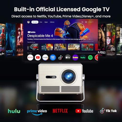 Image of 2000 ANSI Official Licensed Google TV Outdoor Projector 4K Full HD, Smart Projector with Wifi and Bluetooth, Auto Focus, Dolby Sound,Built-in Apps,HAPPRUN Indoor Home Theater for Phone /TV Stick /PC /PS5