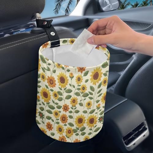 Image of Sunflower Print Car Trash Can Portable Collapsible Back Seat, Front Seat, Floor, or Hanging Headrest Waste Basket Car Accessories Interior for Women