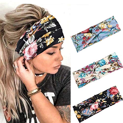Woeoe Boho Criss Cross Headbands Sweatband Elastic Black Hair Bands Floral Yoga Sport Outdoor Head Wraps for Women and Girls(Pack of 3)