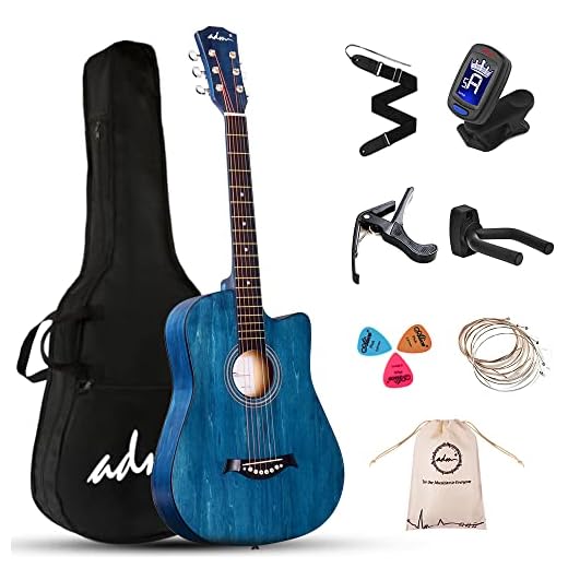 AMD Guitarra Acústica para Principiantes de 38 Pulgadas de Color Azul, kit para Niños y Adultos con Bolsa, Afinador, Colgador de Guitarra, Correa, Púas, Capo, Cuerdas Extras de Acero