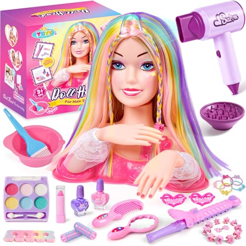 vamei Styling Head Doll Kids Hairdressing Set with Hairdryer Makeup Nail Polish & Hair Accessories Dolls Head Toy Hair Salon Kit Pretend Play Hairdresser Toys Gifts for Girls 4 5 6 7 8 Years Old