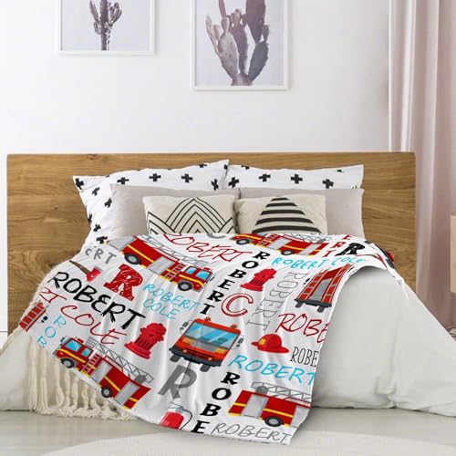 Image of Fire Trucks Firefighter Custom Blanket Gifts Personalized Fire Trucks Throw Blankets for Boys Girls Super Soft Fleece Flannel Air Conditioning Blanket for Couch Bed 80x60 in for Adult