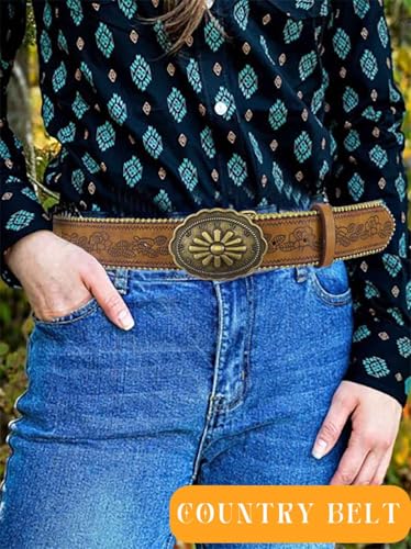 Women Brown Western Belt Cowboys Cowgirls Leather Belt with Heart Buckle Vintage Country Belt for Jeans Pants Dresses2