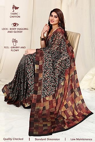 Image of MIRCHI FASHION Women Saree | Chiffon Leaf and Checked Print Professional Office Sari with Blouse