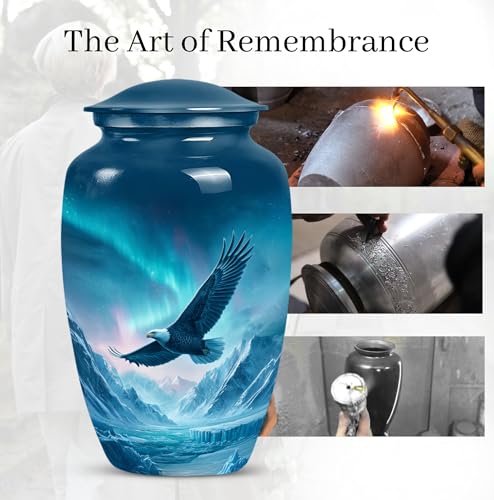 Image of Eagle Urn for Ashes Women for Funeral, Handcrafted Blue Urns, Decorative Norther Lights Burial Urns for Male Ashes, 10 Inch Mountain Decorative Gift for Mom & Dad, 10 Inch
