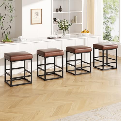 Image of Bar Stools Set of 4, 24in Counter Height Barstools, Faux Leather Counter Stools with Thick Square Seats & Sturdy Metal Base, Modern Bar Chairs for Kitchen Island (Dark Brown)