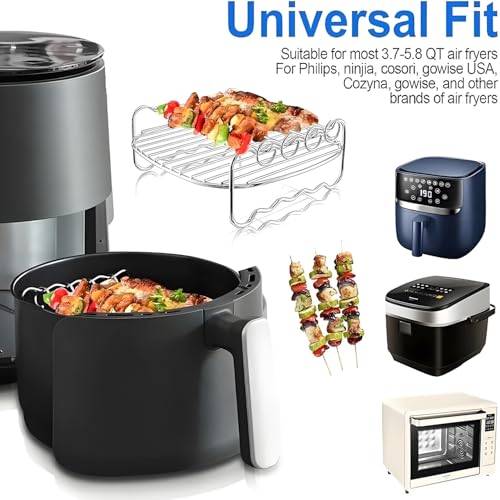 Image of 7-Inch Stainless Steel Grill Rack for Air Fryer, Heat-Resistant Round Air Fryer Rack with 4 Skewers | Universal Air Fryer & Oven Accessories for Grilling, Roasting & Cooking