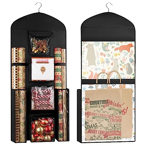 Hanging Gift Wrapping Paper Storage, 40"X17" Black Double-Sided Christmas Wrap Bag Container, Oxford Fabric Dual-Side Craft Roll Organizer, Present Wrap Holder For Bedroom Closet, Wardrobe Door, Cabinet #TOP19