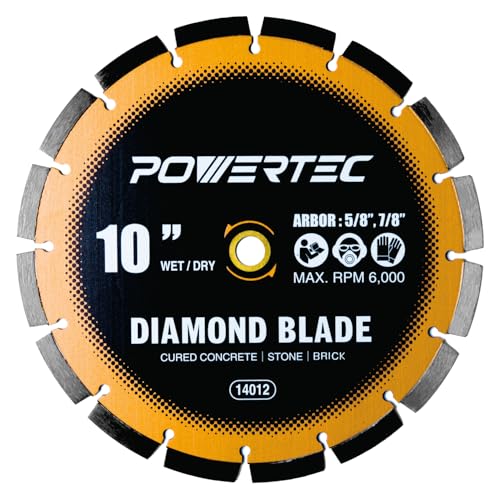 Image of POWERTEC 10 inch Laser-Welded Segmented Diamond Saw Blade for Wet Tile Saw, Diamond Blade for Cutting Cured Concrete, Block, Brick, Pavers, Masonry, 10 inch Diamond Blades for Wet /Dry Cutting, 1PK (14012)