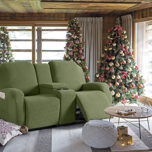 Image of KinCam Loveseat Recliner Covers with Middle Console Slipcover, Recliner Sofa Covers 2 Seat Couch Cover Stripe Jacquard Furniture Protector Covers with Elastic Bottom for Kids, Pets(Olive Green)