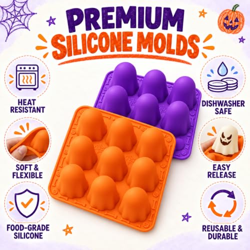 3D Ghost Silicone Mold 2 Pack Halloween Silicone Baking Mold for Chocolate Candy Fondant Cake Pop Gummy Jello Soap Candle Ice Cube Making DIY Crayon Resin Halloween Party Decorations - image 3