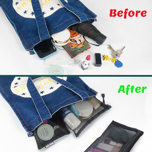 6 Pack Mesh Cosmetic Bags, Nylon Makeup Pouches with Zipper for Home Office Purse Diaper Bag (Black)4