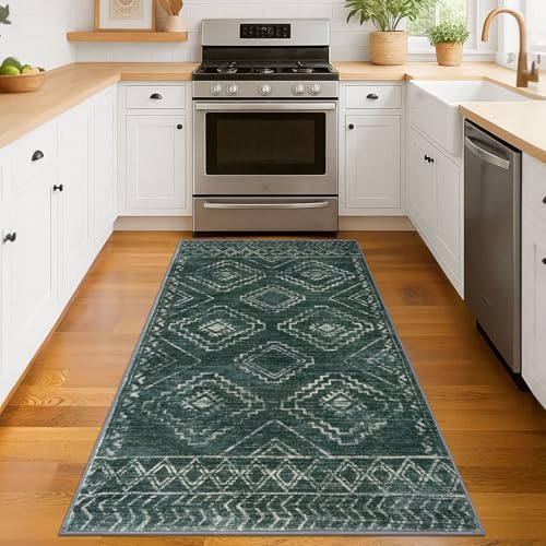 KILOCOCO Boho Entryway Rug 3x5 Area Rug Washable Non Slip Throw Rugs Soft for Kitchen Living Room Dining Bedroom Geometric Moroccan Carpet, Green