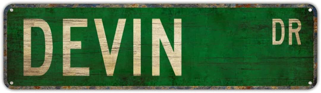 Peiyeety A002 Devin Vintage Classic Metal Tin Sign, Wall Decor, Stylish Accent For Home Cave Garage Bar Living Room Bedroom Office Indoor Outdoor, Personalized Name Vintage Metal Wall Art 4X16 Inch