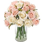 CEWOR 24 Heads Artificial Rose Flowers Bouquet Silk Flower Roses with Stems Home Bridal Wedding Party Festival Decor (2 Packs Champagne and Pink)