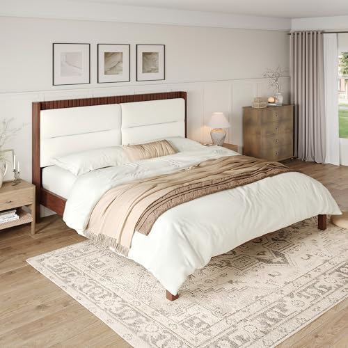 Solid Wood King Size Platform Bed Frame with Beige Velvet