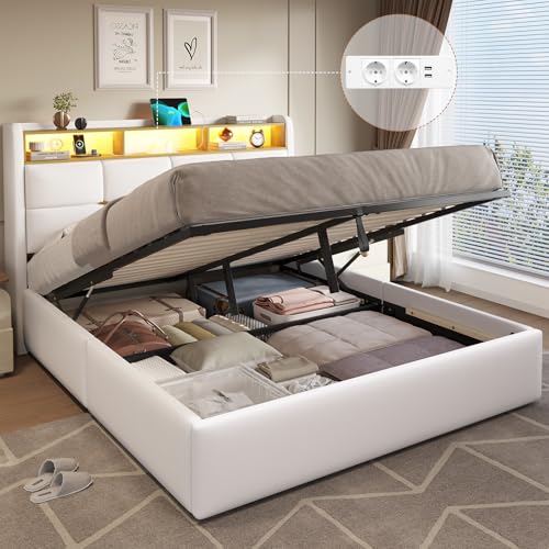 DICTAC Lit 160 x 200 avec Sommier à Lattes et Rangement Hydraulique,Lit Coffre 160x200 avec Lumières LED et Prise,lit Double en Lin avec Tete de Lits,Lits 2 Place...